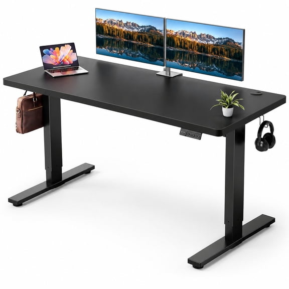 Electric Standing Desk 60 x 28 Inch, Sit Stand Desk with 1 Inch Thick Tabletop, Double Frame, Holds 220 lbs, 3 Memory Height Settings, Extra Deep Black Desktop