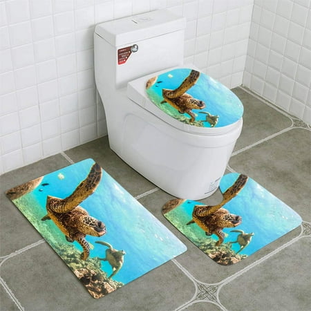 Sea Turtle Bathroom Rug PUDMAD Hawaiian Green Sea Turtle 3 Piece Bathroom Rugs Set Bath Rug Contour Mat and Toilet Lid Cover ()