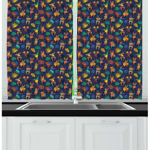 Carnival Curtains 2 Panels Set, Brazilian Samba Dancers Party in Rio Retro Design Doodle Illustration, Window Drapes for Living Room Bedroom, 55"W X 39"L,Dark Indigo Multicolor, by Ambesonne