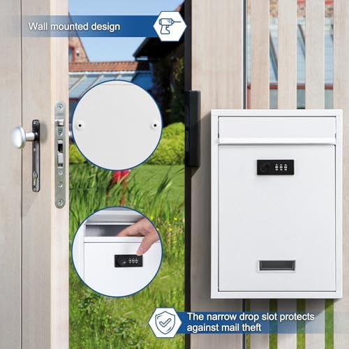 Locking Wall Mount Mailbox, Mail Boxes with Combination Lock for Outside, Security Cash Key Letter Drop Box with Code for House Office School,12.4H x 8.54L x 3.35W Inches, White