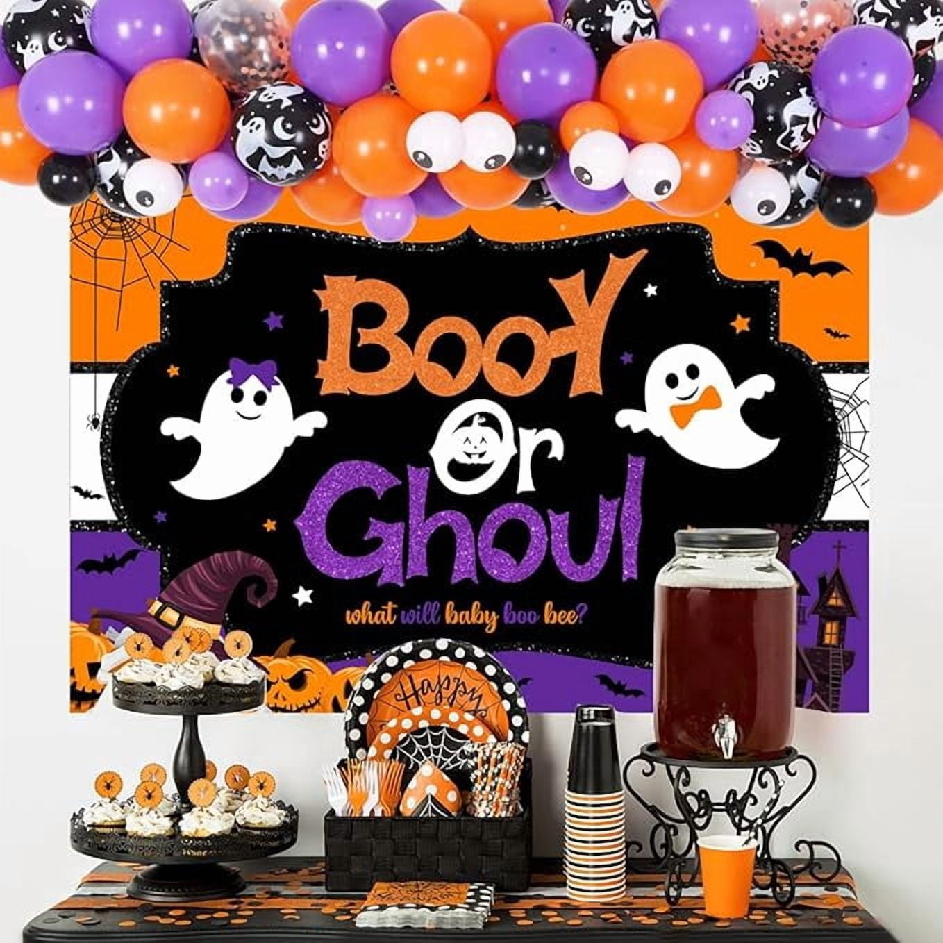 Halloween Gender Reveal Decorations - Booy or Ghoul Backdrop, Orange Purple Black Balloon Garland Arch, Boy or Girl, He or She What Will Baby Boo Bee, Ghost Gender Reveal Baby Shower Decorations