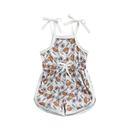 

luethbiezx Toddler Kids Girls Jumpsuits Floral Cow Head Print Tie-Up Spaghetti Strap Sleeveless Sling Romper Summer Casual Playsuits