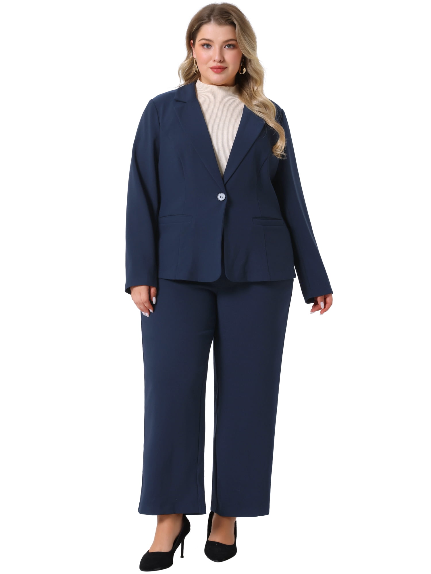 DARING DIVA Women's Plus 2 Pieces Business Office Blazer and Pants Suit Set 4X Dark Blue