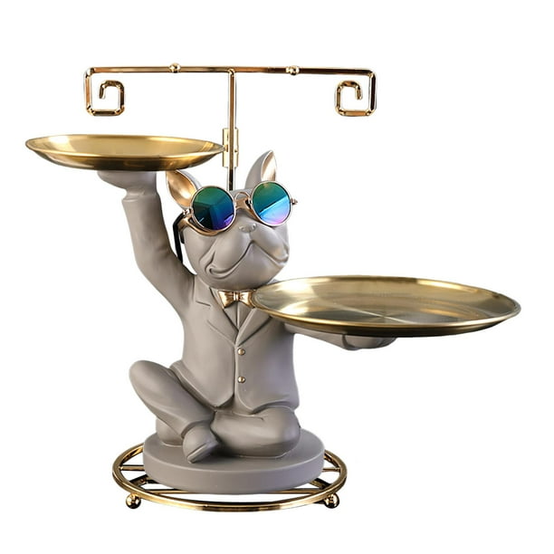 Estatua de con bandeja, organizador de escritorio, figura de perro de resina artística con bandeja, bandeja de escultura para comedor, Beige