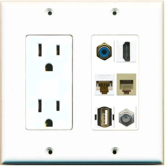Ultra Spec Cables 2 Gang 15A Power Outlet RCA HDMI CAT6 PHONE USB COAX Cable Coupler Wall Plate