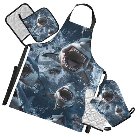 Fierce Sharks on Sea 5 Pcs Kitchen Set Heat Resistant Oven Mitts and Non-Slip Pot Holders with Adjustable Cooking Apron