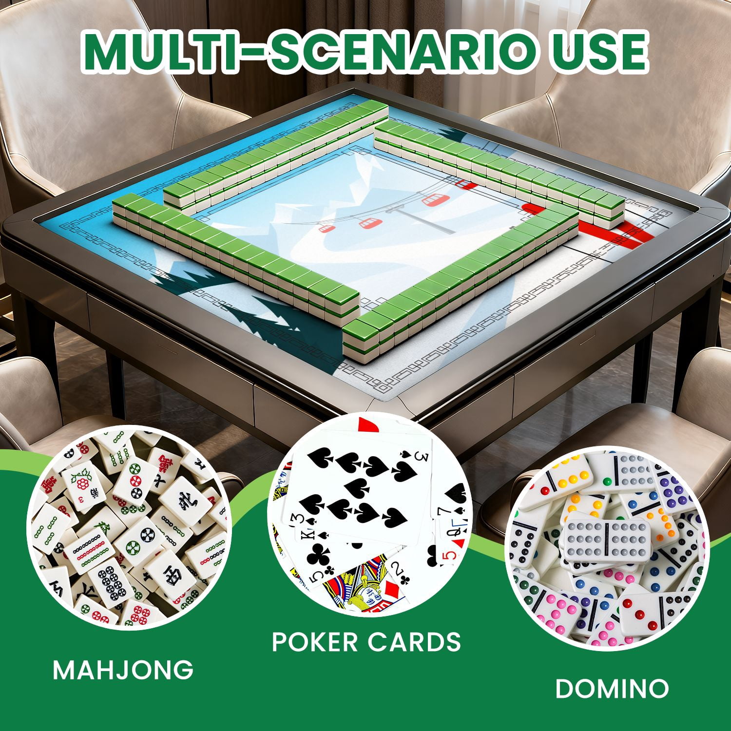 Mahjong Mat 31.5" x 31.5" Winter mountain landscape pair skis snow ski lift Non-Slip Noise Reduction American Mahjong Tiles Table Cover for Dominoes Poker Card Board Games Gift
