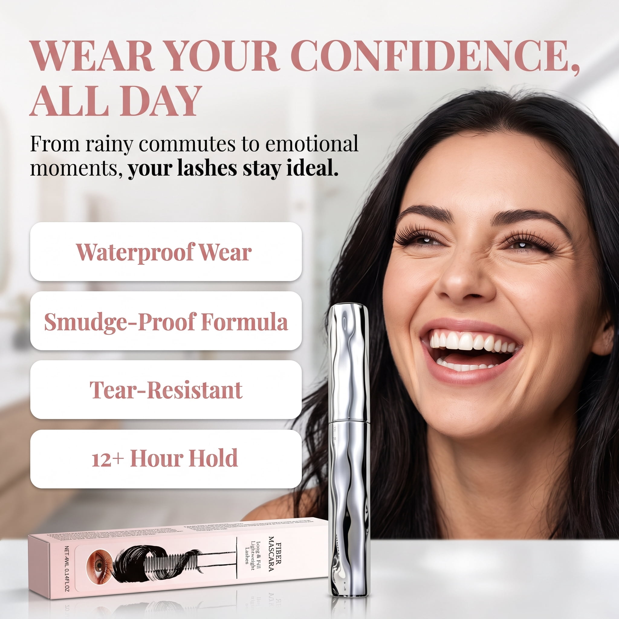 Zonoroy Volumizing Waterproof Mascara – Curling Silver Stick, Lengthening Fiber Formula, Smudge-Proof & Sweat-Proof for All-Day Wear(black 1PC)
