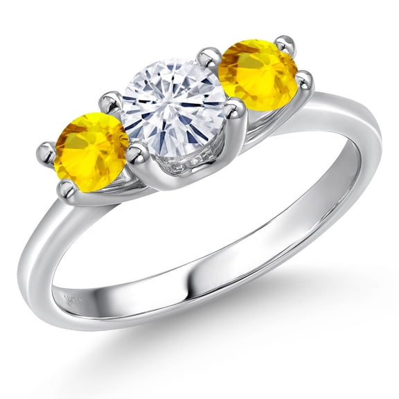Gem Stone King 14K White Gold White Moissanite & Yellow Sapphire 3-Stone Engagement Ring | 1.22 Cttw | Round 5MM and 4MM | Three Stone Wedding Anniversary Promise Ring for Women (Size 5)