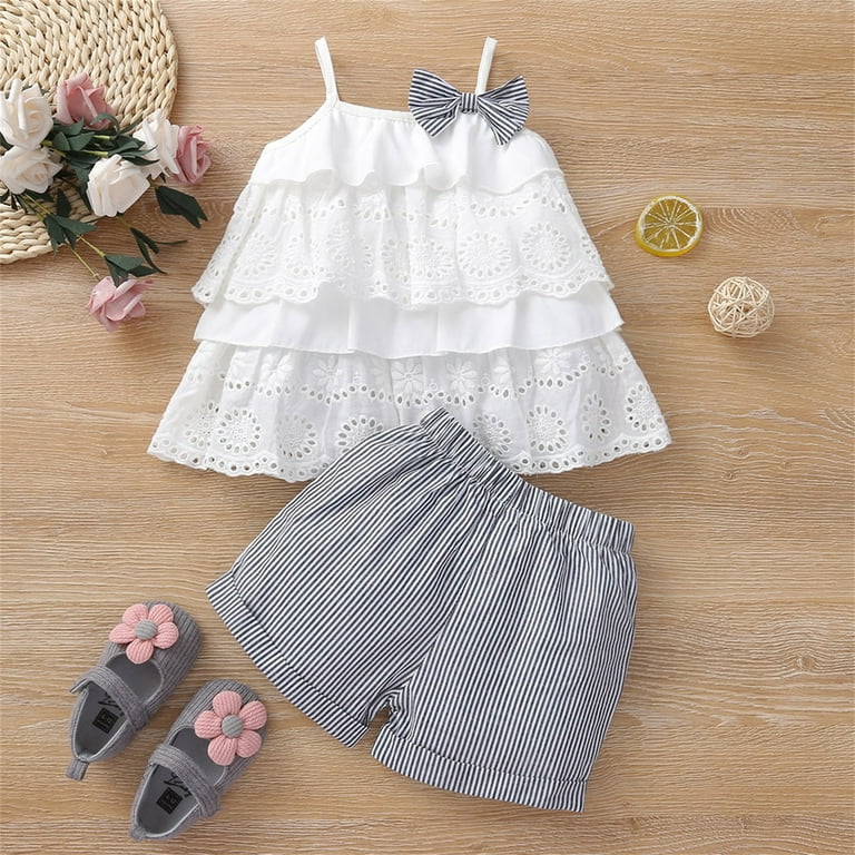 Toddler Kids Girls Clothes Bowknot Sleeveless Strap Suspenders Top Stripe  Shorts Casual Beach 2PCS Outfits Set For 18-24 Months 