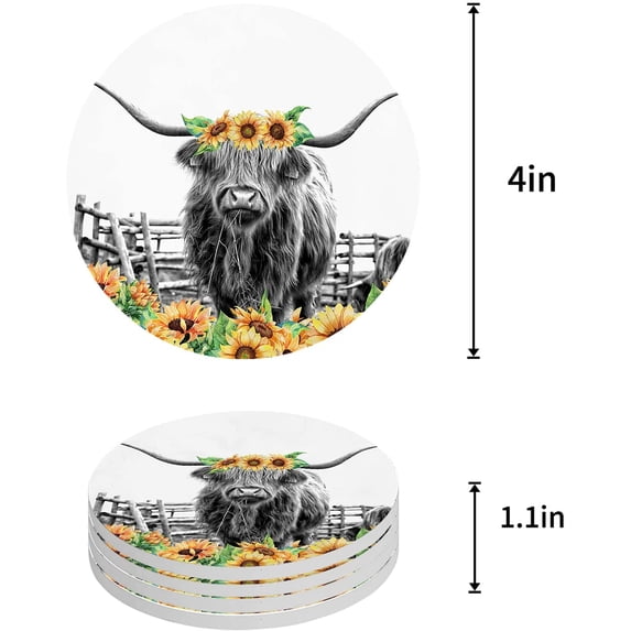 FMSHPON Funny Black and White Yak with Sunflowers Set of 6 Round Coaster for Drinks, Absorbent Ceramic Stone Coasters Cup Mat with Cork Base for Home Kitchen Room Coffee Table Bar Decor