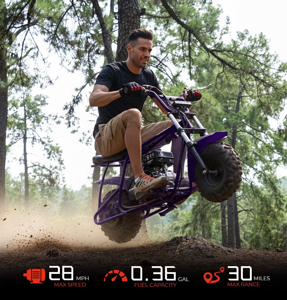99CC 4-Stroke Gas Mini Dirt Bike for 13+, 28MPH Off-Road Mini Bike w/ Hydraulic Brakes, Front Suspension Fork, SUNF All-Terrain Tires, Headlight, Neck Gaiter & Tool Kit, 220LB Capacity - Purple