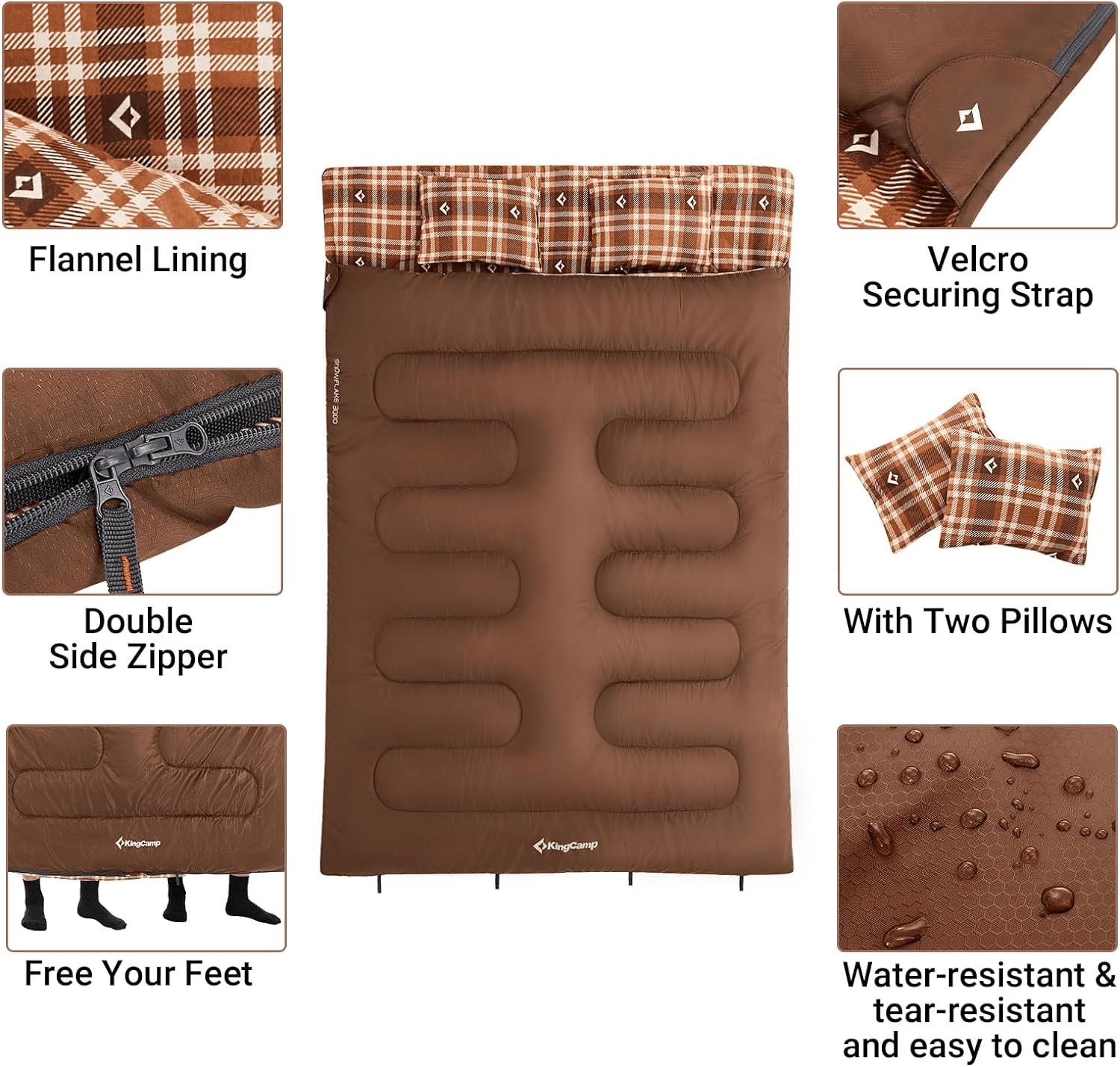 KingCamp Queen Size 2-Person Double Cotton Flannel Sleeping Bag - 8°F-44°F Cold Weather Rating, Lightweight & Compact for Backpacking, Includes Pillows for Couples & Family Camping, 8.8LBS (Coffee)