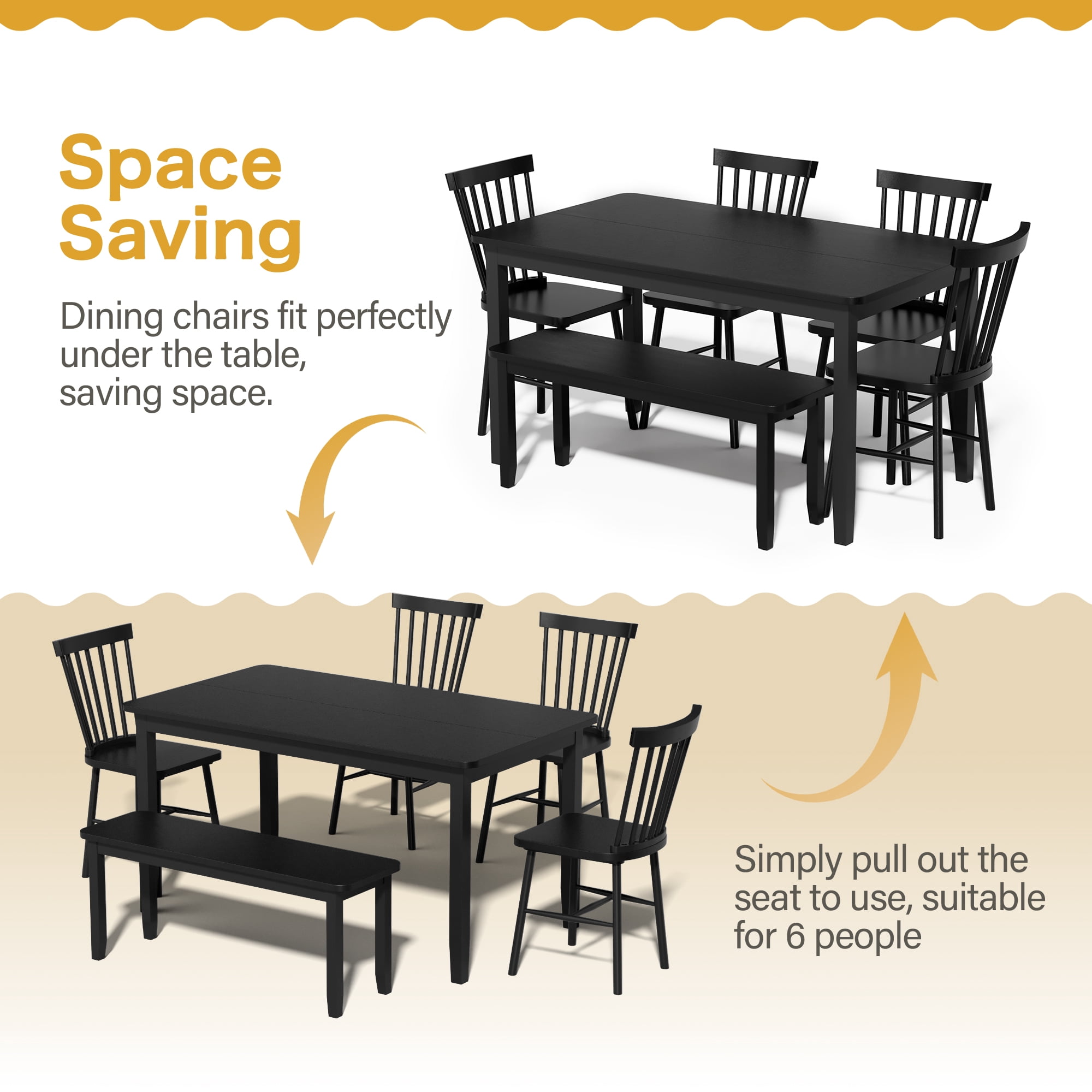 Lacoo Modern Simple Solid Wood Dining Table Set 6-Piece, 1 Table 4 Chairs 1 Bench, Kitchen Dining Room Furniture Set, Multiple Colors Available