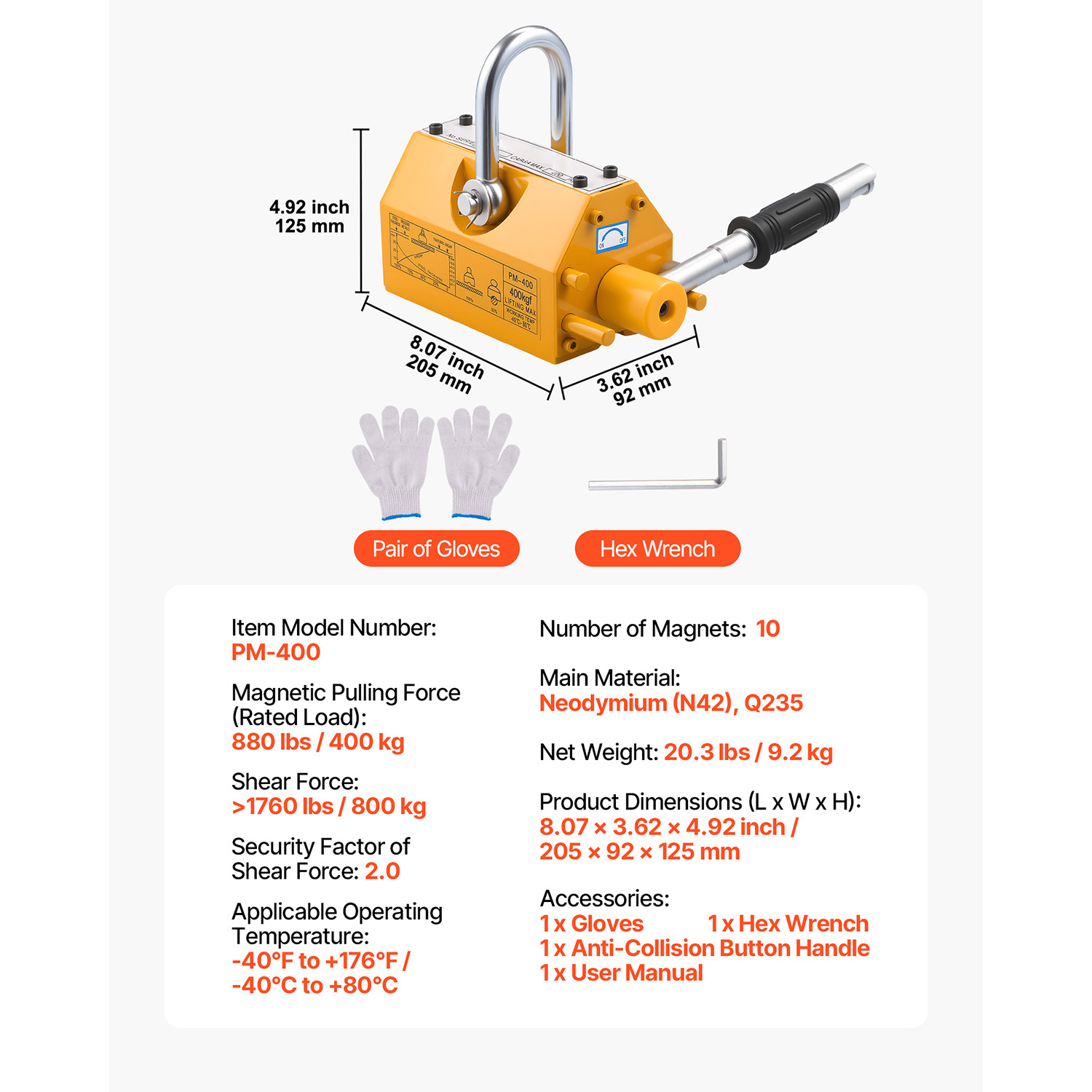 KFFKFF Permanent Magnetic Lifter with 880 lbs Load Capacity, Durable N42 Neodymium Magnet Featuring Release Handle and Steel Hook, Suitable for Crane and Hoist Applications in Lifting Steel Plates