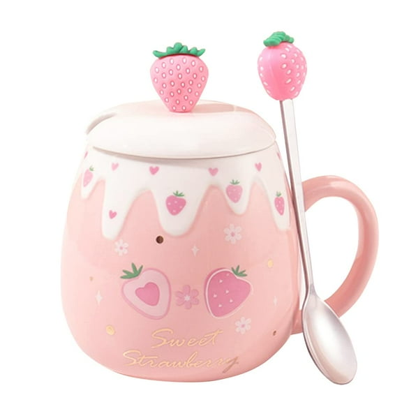 Cute Strawberry Mugs Pink Coffee Mug Ceramic kawaii Cup Morning Tea Milk Fruit Mug with Lovely Lid Stainless Steel Spoon Creative Novelty Birthday Christmas for Lovers Girl 500ML (S)