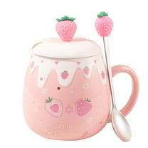 Cute Strawberry Mugs Pink Coffee Mug Ceramic kawaii Cup Morning Tea Milk Fruit Mug with Lovely Lid Stainless Steel Spoon Creative Novelty Birthday Christmas for Lovers Girl 500ML (S)