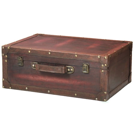 Antique Leather Suitcases - Vintage Style Brown Wooden Suitcase with Leather Trim
