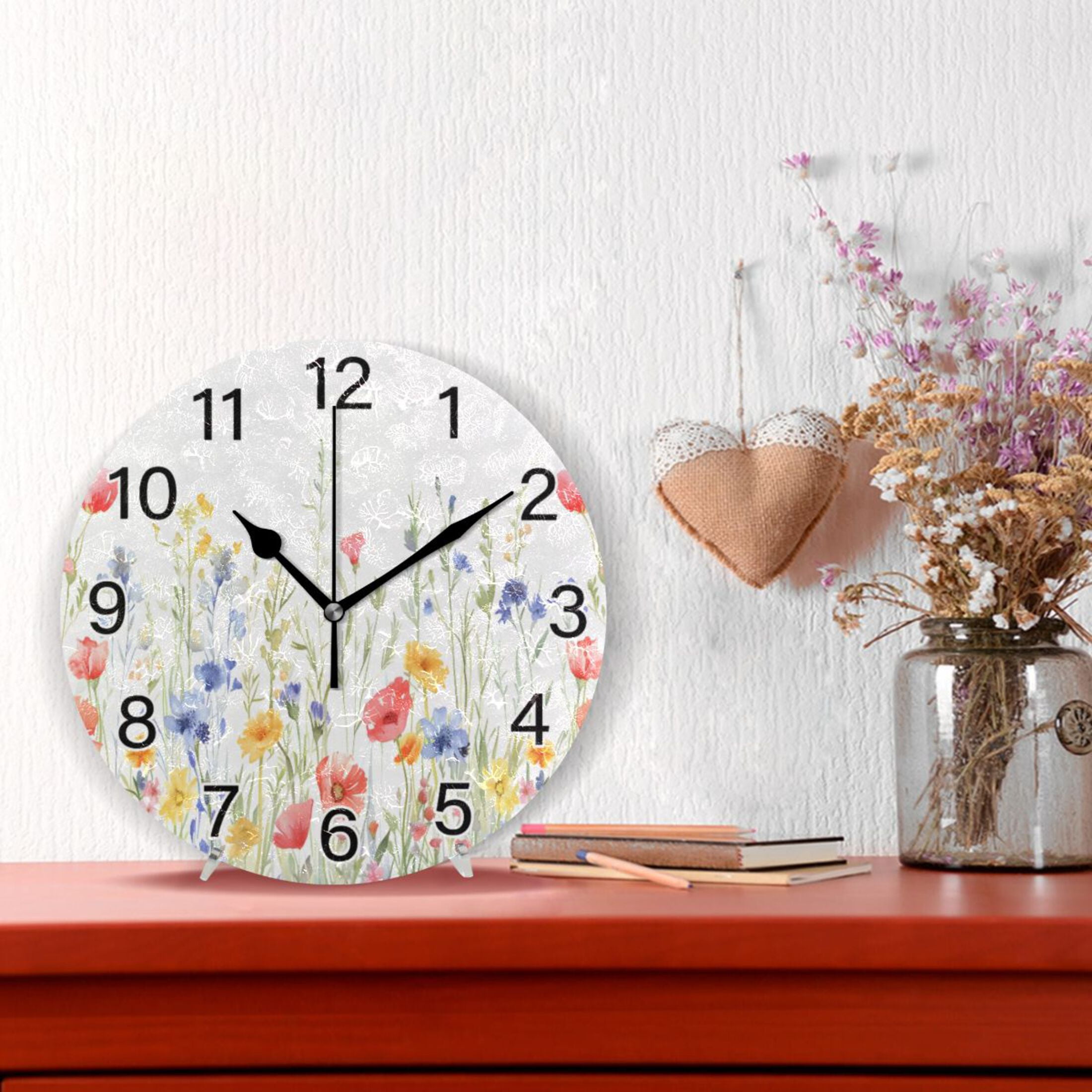 Ryvnso Watercolor Poppy Floral Wall Clock Non Ticking Silent Kitchen Clock Battery Operated Clocks 10 inch