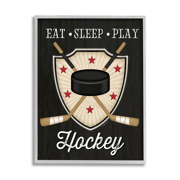 Stupell Indtries Eat Sleep Play Hockey Phrase Crossed Sticks Puck,16 x 20,Design by Jennifer Pugh
