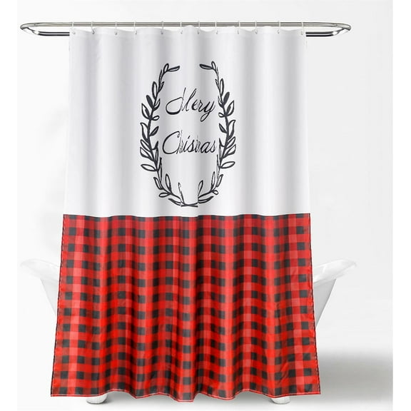 Buffalo Check Shower Curtain Merry Christmas Xmas Shower Curtain Red and Black Buffalo Farmhouse Waterproof Bath Curtain, 72x72 Inch