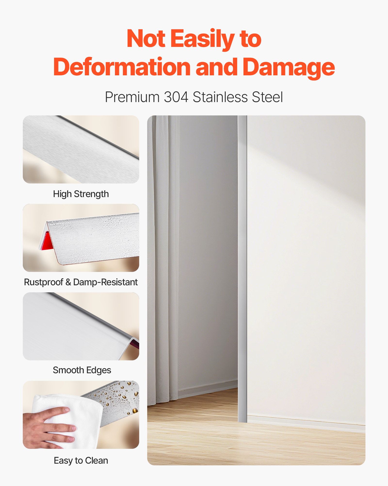 VEVOR Stainless Steel Wall Corner Protector, 2 x 2 x 48 inch, 10 Pack Metal Corner Guards, 304 Stainless Steel Edge Trim 90-Degree Angle for Home,Office,Commercial Wall Protection, with 3m Tape