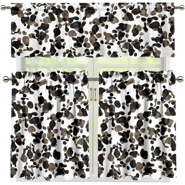 Black Cow Spot Print 3 Piece Kitchen Window Curtain Panel Tiers and Valance Set Kitchen Curtain Set Kitchen Curtain Set with Valance Home Decor 53.9x17.7 Inch+27.5x36 Inch*2