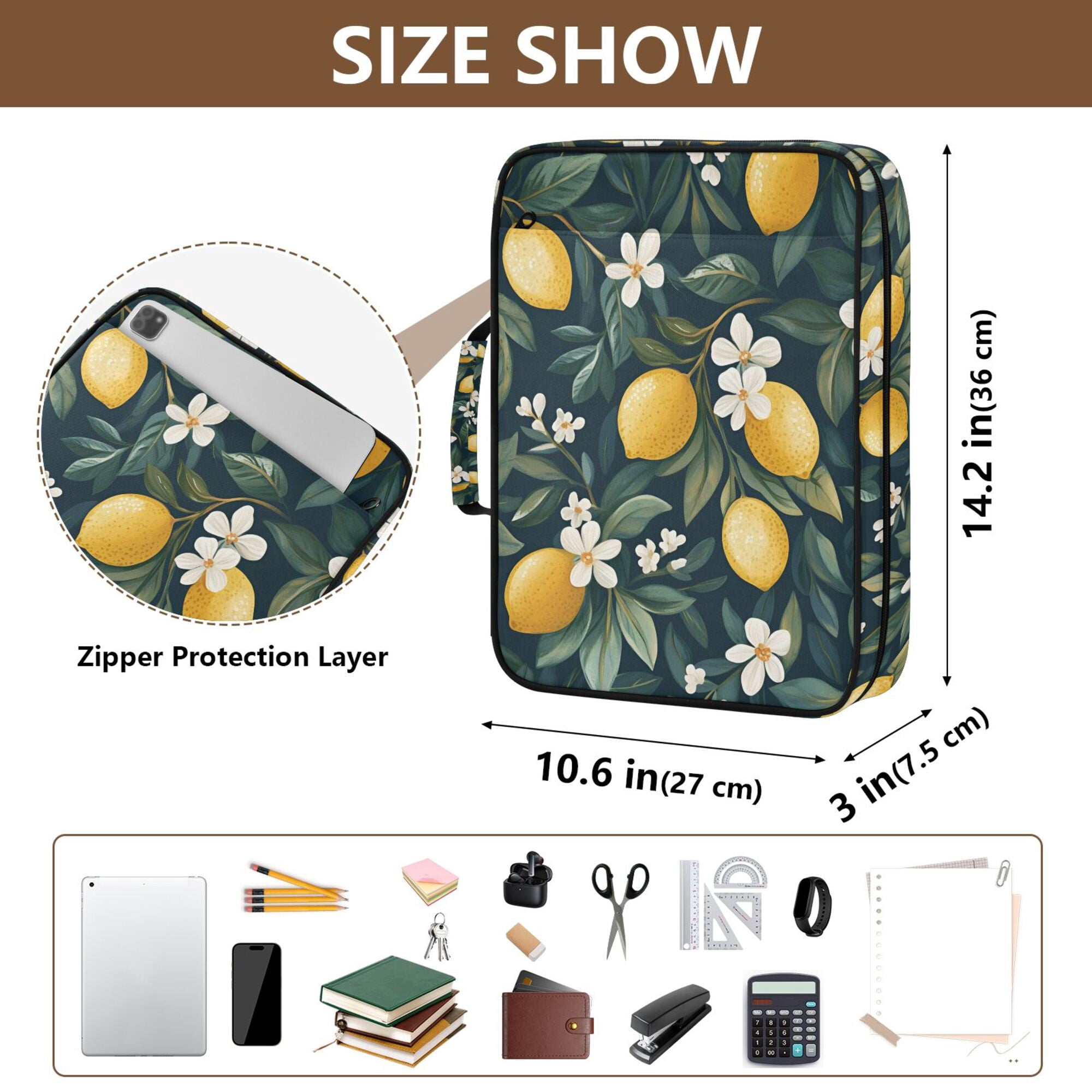 FORMRS Accordion File Folder A4 Size 7-Pocket Expanding Document Organizer Bag with 3 Ring Binder, Floral Lemons