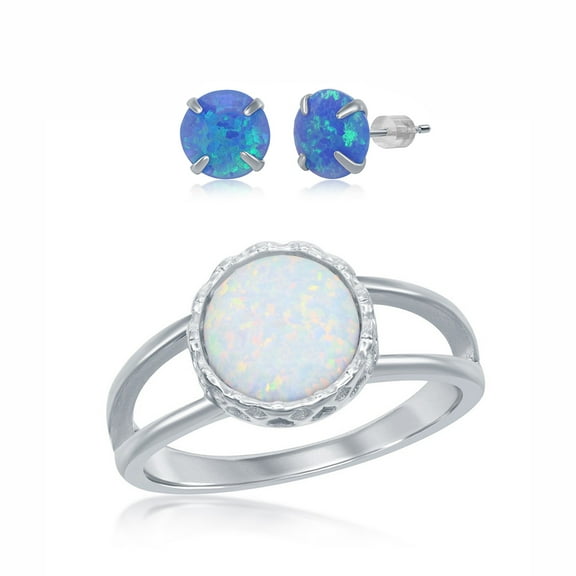 925 Sterling Silver Rhodium Plated 10mm Round White/Blue Created Opal Open Band Ring Including 6mm Round Blue Created Opal Stud Earrings Jewelry Set