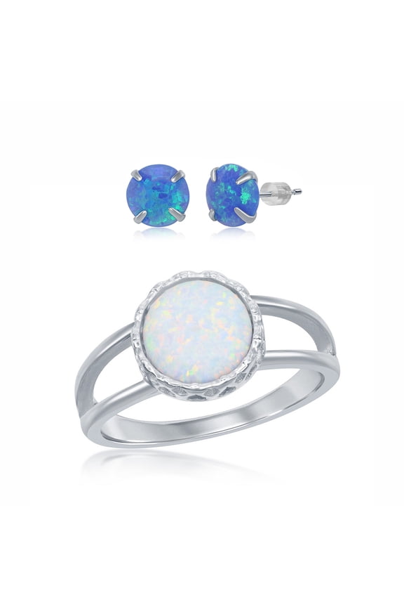 925 Sterling Silver Rhodium Plated 10mm Round White/Blue Created Opal Open Band Ring Including 6mm Round Blue Created Opal Stud Earrings Jewelry Set
