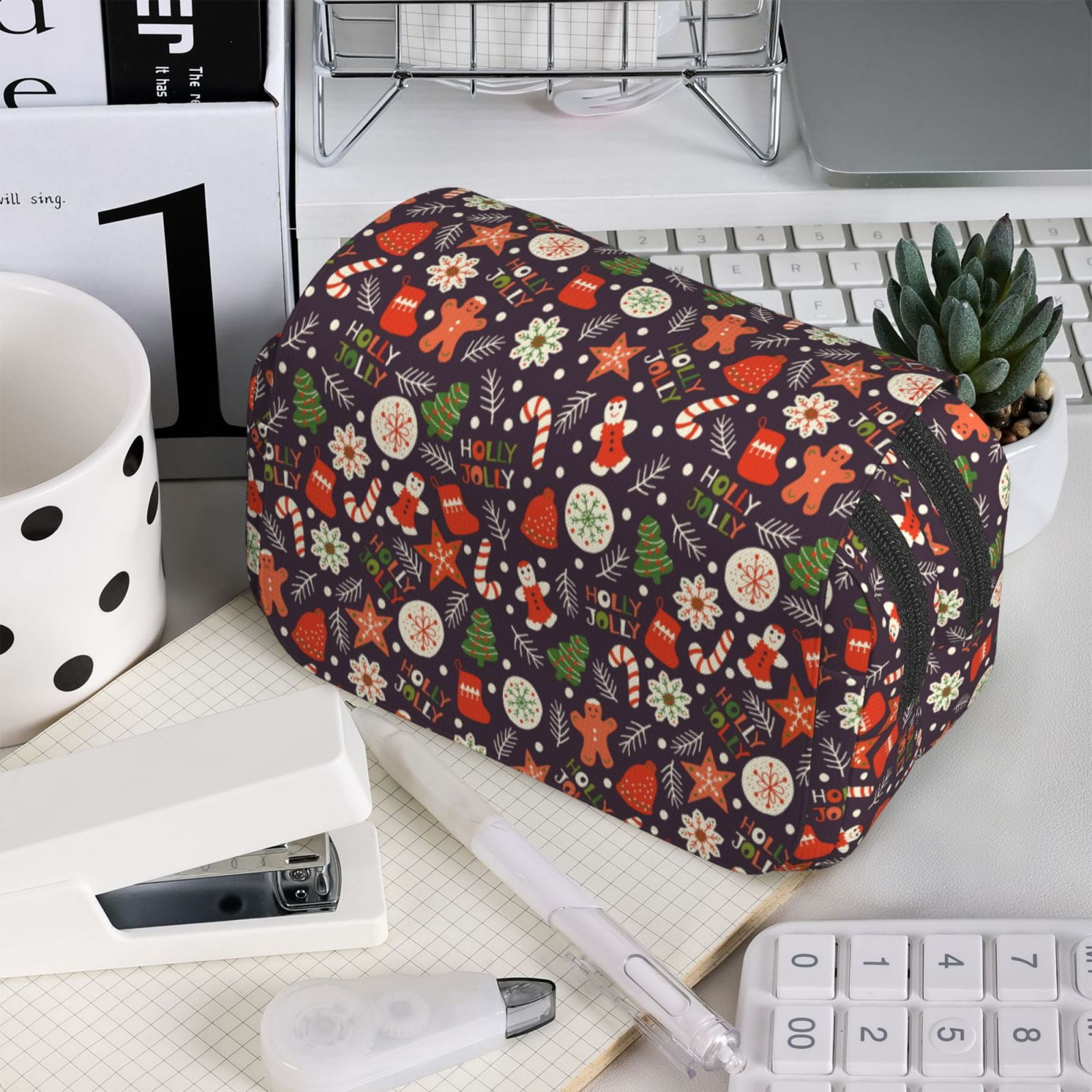 Rateoe Winter Holiday Christmas Pattern Double Clamshell Pen Case, Storage Organizer with Two Zipper Compartments– Holds Up to 50 Pencils & Pens