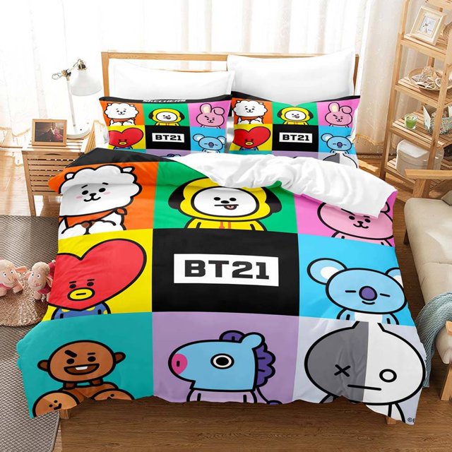 NS4 BTS BT21 2 En 1 Juego De Fundas De Edredón De Tamaño Individual Sábana De Cama Dormitorio Cómodo Lavable Funda De Almohada S