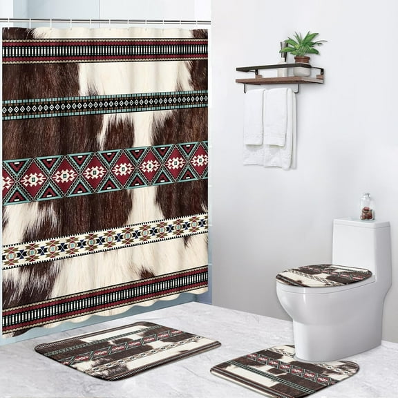 4 Piece Shower Curtain Sets, Christmas Geometric Snowflakes Retro Winter with Non-Slip Rugs, Toilet Lid Cover and Bath Mat, for Bathroom Decor Set, 72" x 72"