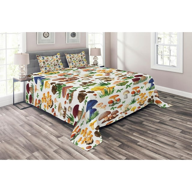 Mushroom Coverlet Set Queen Size, Pattern with Types of Mushrooms Wild