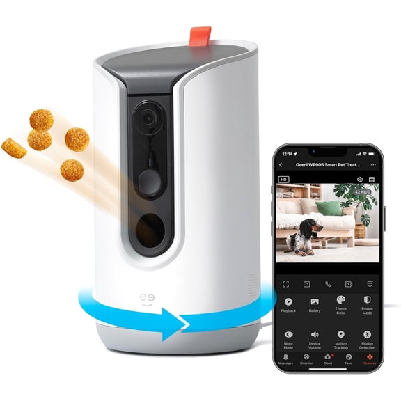 Pet  Dispenser with Camera -   WiFi Enabled,  and  Automatic  Feeder, Two-Way Audio, Night Vision, -Follow, Remote Access with App, Alexa and  Compatible, White