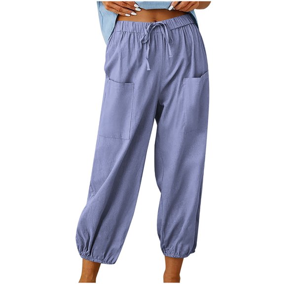 HomeGardon Women's Casual Lantern Tapered Harem Pants Summer Basic Baggy Slacks with Pocket Loose Fit Style Flax Ankle Trousers Womens Summer Capris,S-3XL