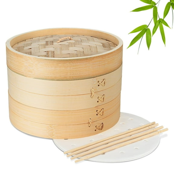 Bamboo Steamer Basket Set (10 inch), 50 x Steamer Liners and 2 Pairs of Chopsticks, Steam Baskets for DimSum Dumplings , Rice, Vegetables, Fish and Meat