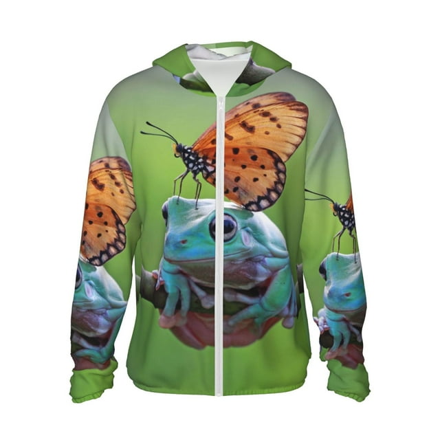Disketp Butterfly Landing On Head Dumpy Frog for Men's Sun Protection Hoodie Performance Long Sleeve Fishing Outdoor Lightweight-Large