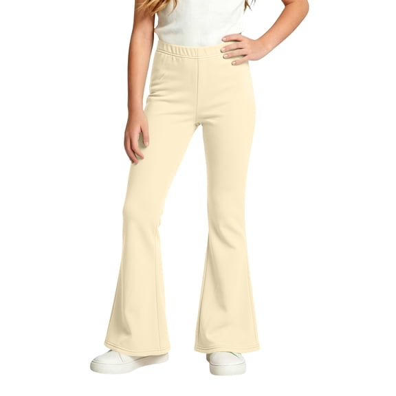Girls Fleece Lined Bell Bottom Pants Kids Stretch Elastic Waist Warm Flared Trousers for Autumn Winter Daily Wear