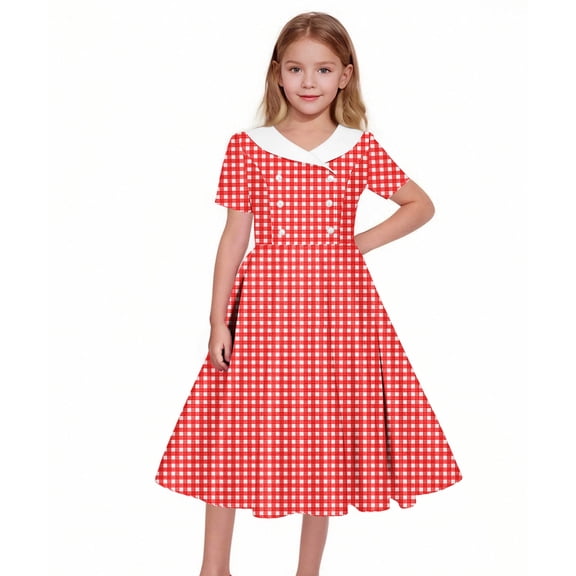 XUNKUSGA Girls Dresses 1950S Retro Dress Short Sleeve Shawl Collar Summer Dress Vintage Plaid Print Buttoned Slim Fit Swing Dress for Party Wedding,Red,5-6 Years