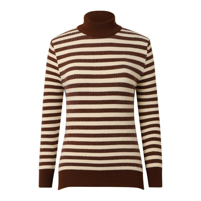 Fgnfyis Chandails Thermiques à Col Roulé Mi-Haut Manches Longues pour Femmes Automne Hiver Rayé Café