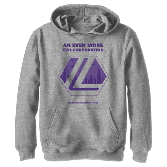 Boy's DC League of Super-Pets Even More Evil Corporation Logo Pull Over Hoodie Athletic Heather Medium