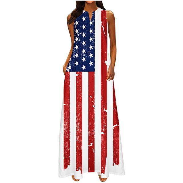 Robes de Collation des Grades pour Femmes 2023 Mode Femmes Décontractées Col en V Jour de l'Indépendance Imprimé Robes Été Sans Manches Robe Chandail Robes Décontractées pour Femmes en Liquidation