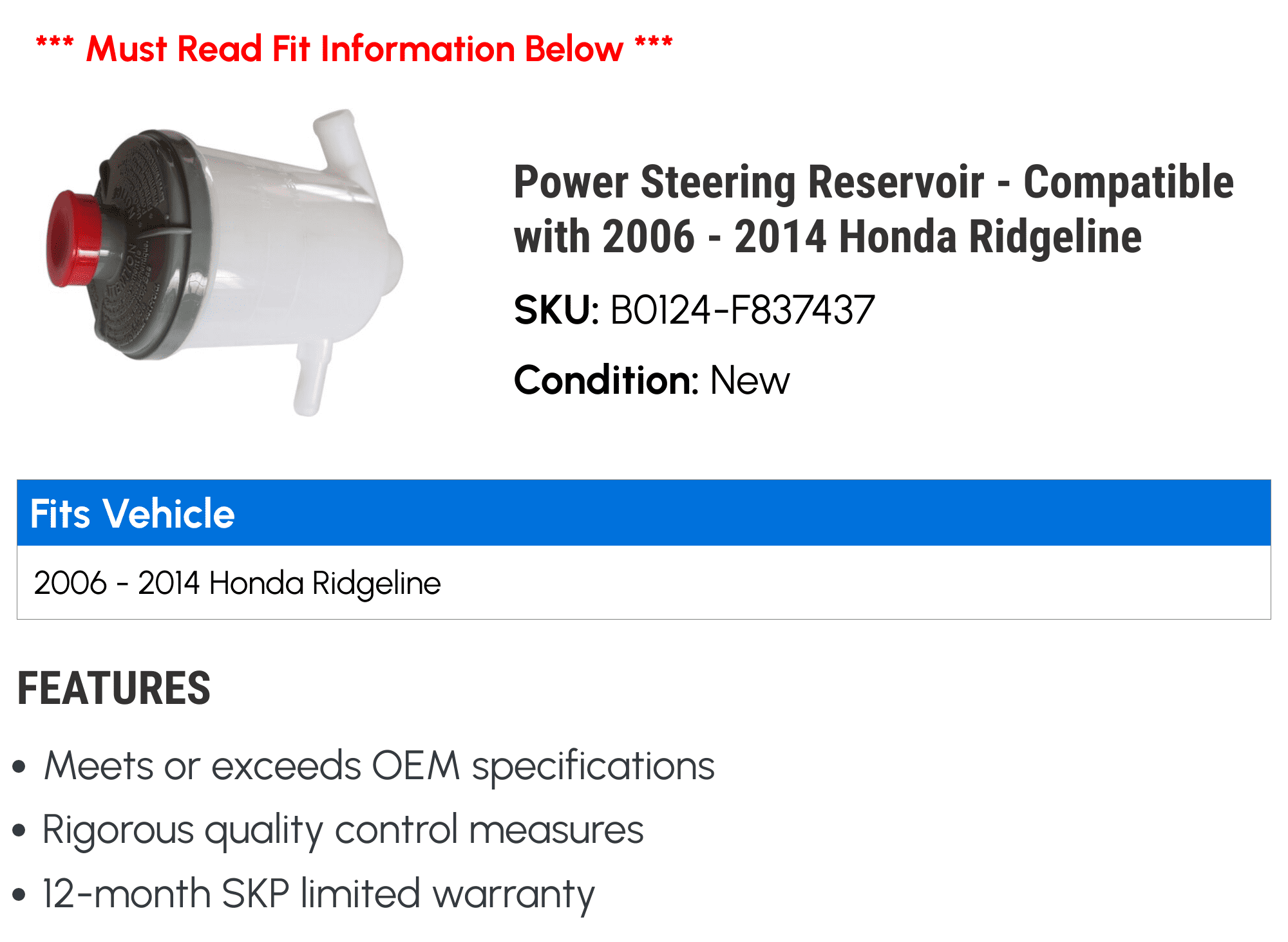 Power Steering Reservoir - Compatible with 2006 - 2014 Honda Ridgeline 2007 2008 2009 2010 2011 2012 2013
