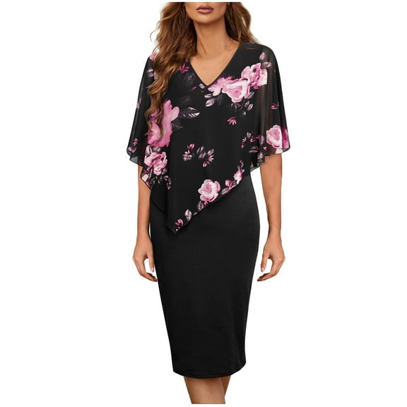 Hfyihgf Women's V Neck Dresses Capelet Sleeve Chiffon Overlay Bodycon Knee Length Pencil Dress Wedding Cocktail Party(Red,XXL)