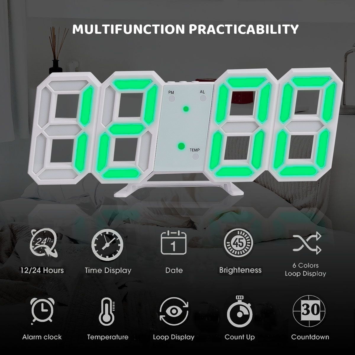 Gustave 3D LED Digital Wall Clock Desk Glowing Alarm Clocks