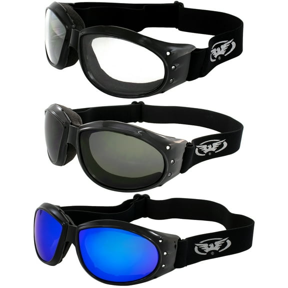 Global Vision 3 Pairs of Eliminator Padded Motorcycle Dirt Bike Goggles Black Frames Clear Smoke & G-Tech Blue Mirror Lenses