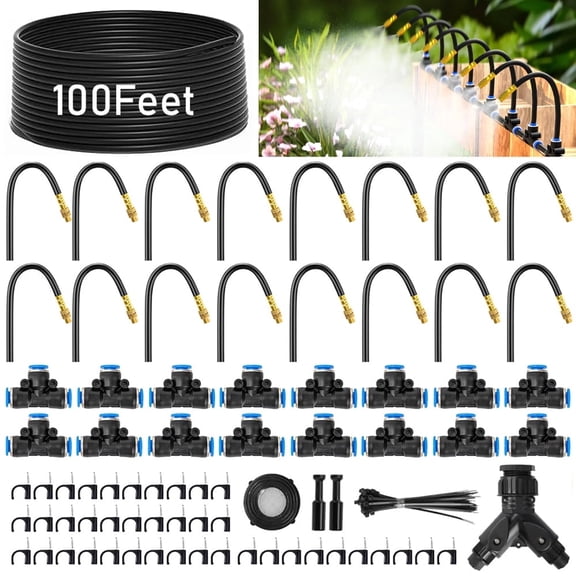 Shopmall 360° Drip Irrigation System 100Ft Adjustable Garden Irrigation Kit with Bending Dropper for Watering System for Garden Plant Lawn Patio, Spray Head Integrated Automatic Watering Set