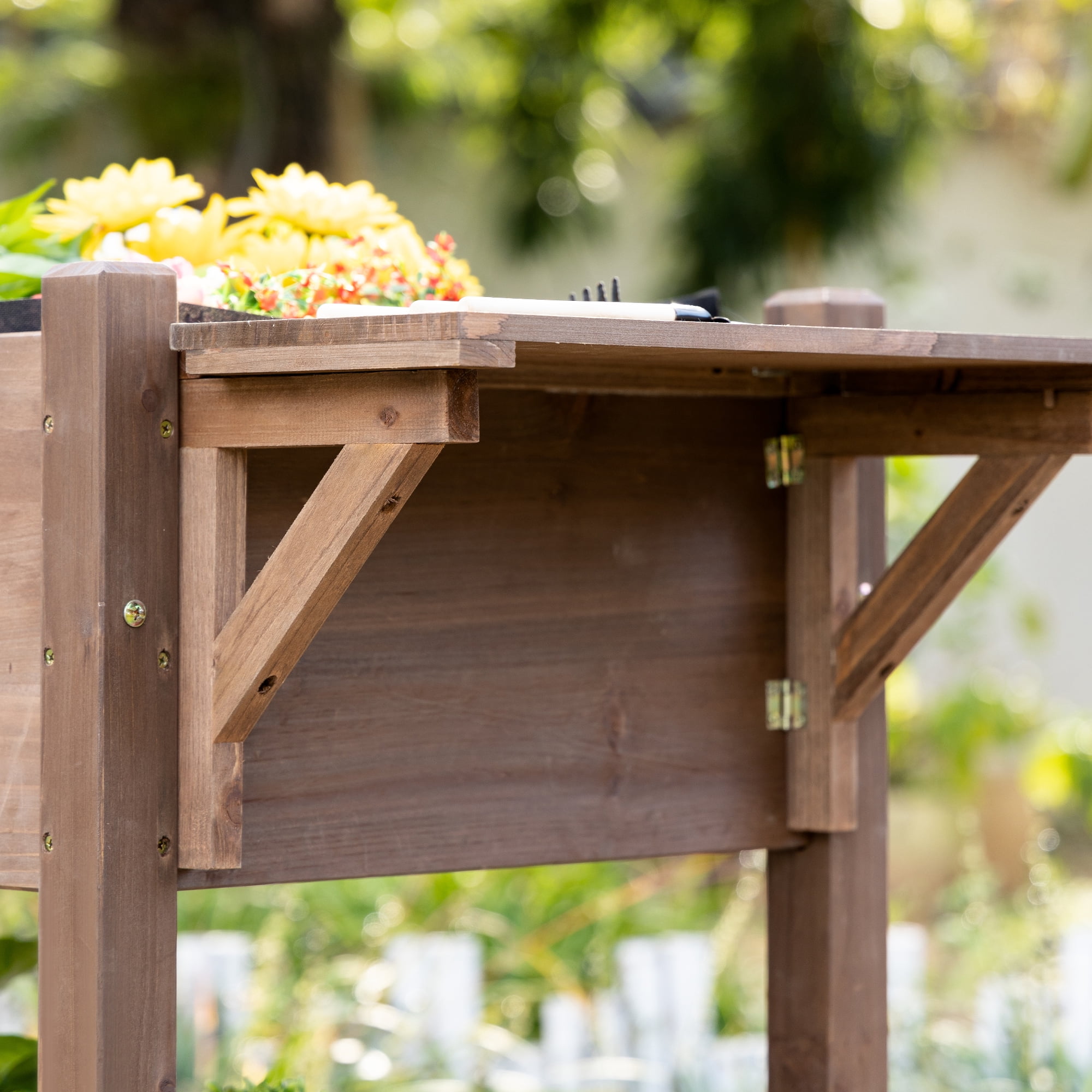 Raised Garden Bed with 8 Grow Grids, Wooden Outdoor Plant Box Stand with Folding Side Table and Wheels, for Vegetables, Flowers, Herbs, Brown