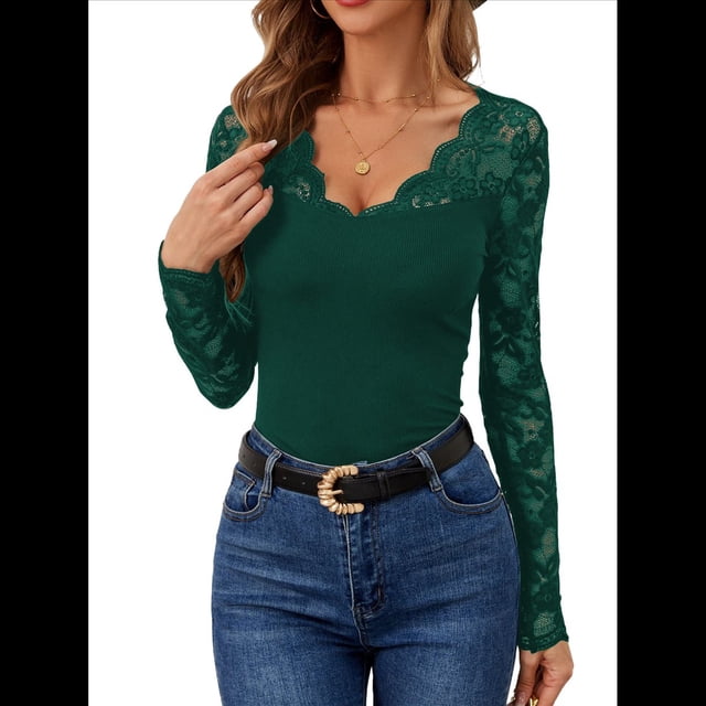 Blusa de Larga con Cuello en V y Encaje de con Bordado Floral para Mujer Verde Oscuro S